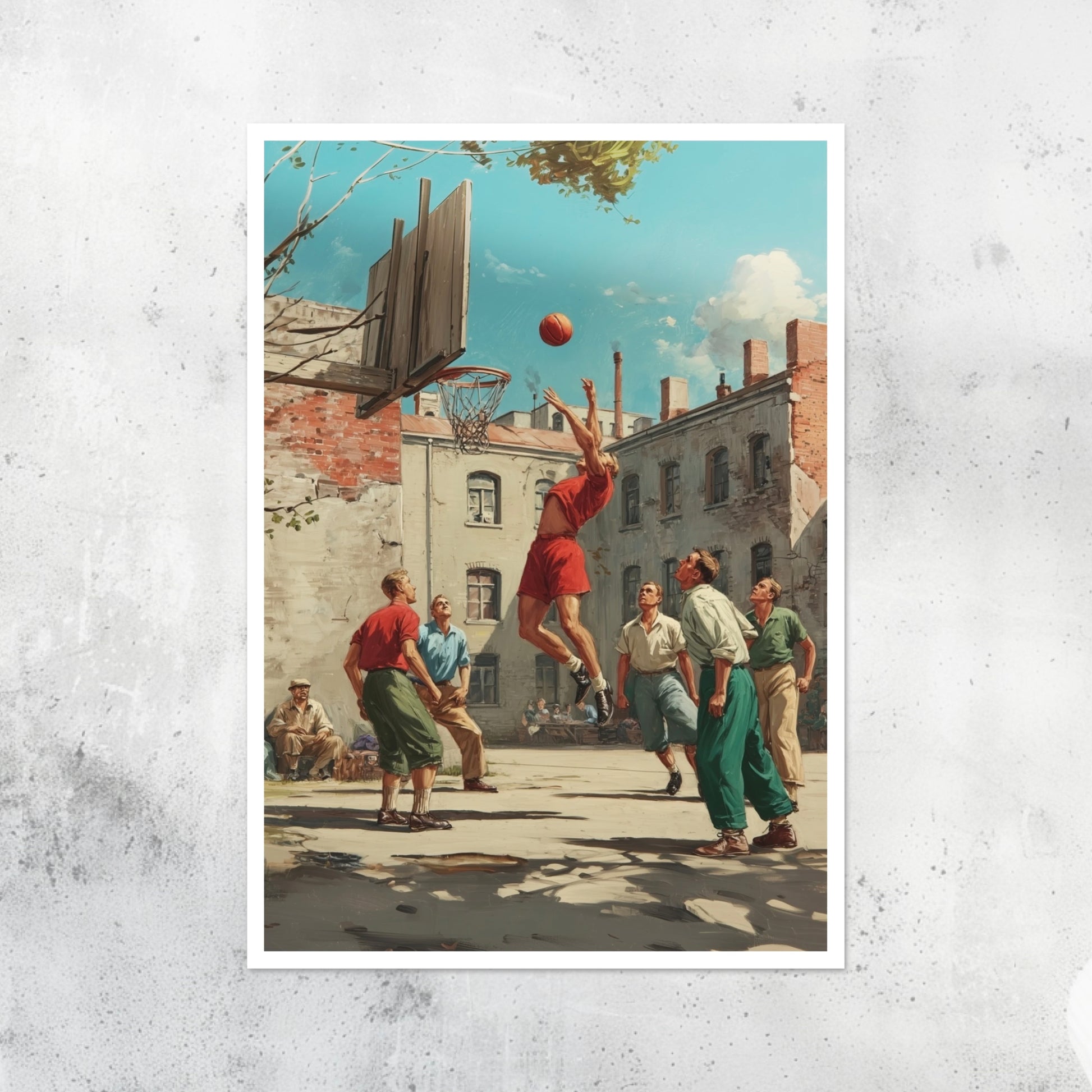 Unframed A2 vintage-style artwork of a basketball player in retro design.
