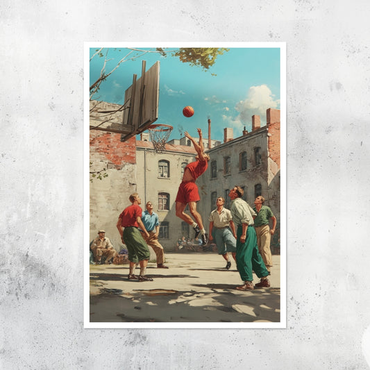 Unframed A2 vintage-style artwork of a basketball player in retro design.

