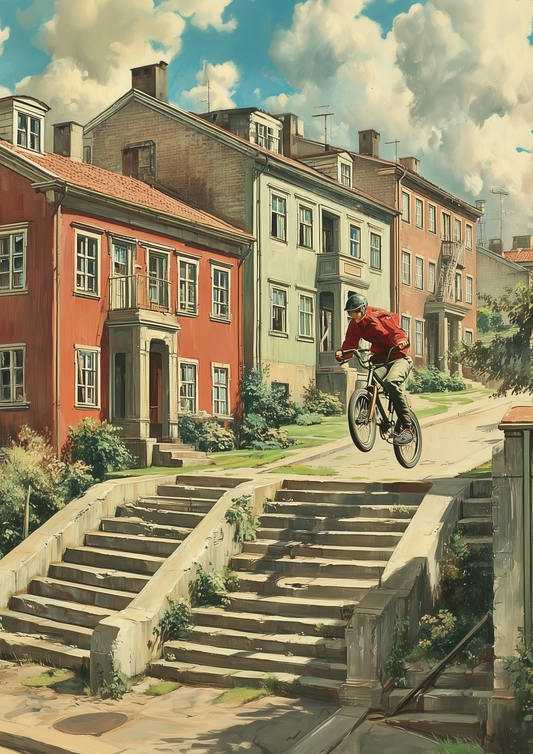 A2 retro-styled artwork of a BMX rider performing a stunt. Artwork example.
