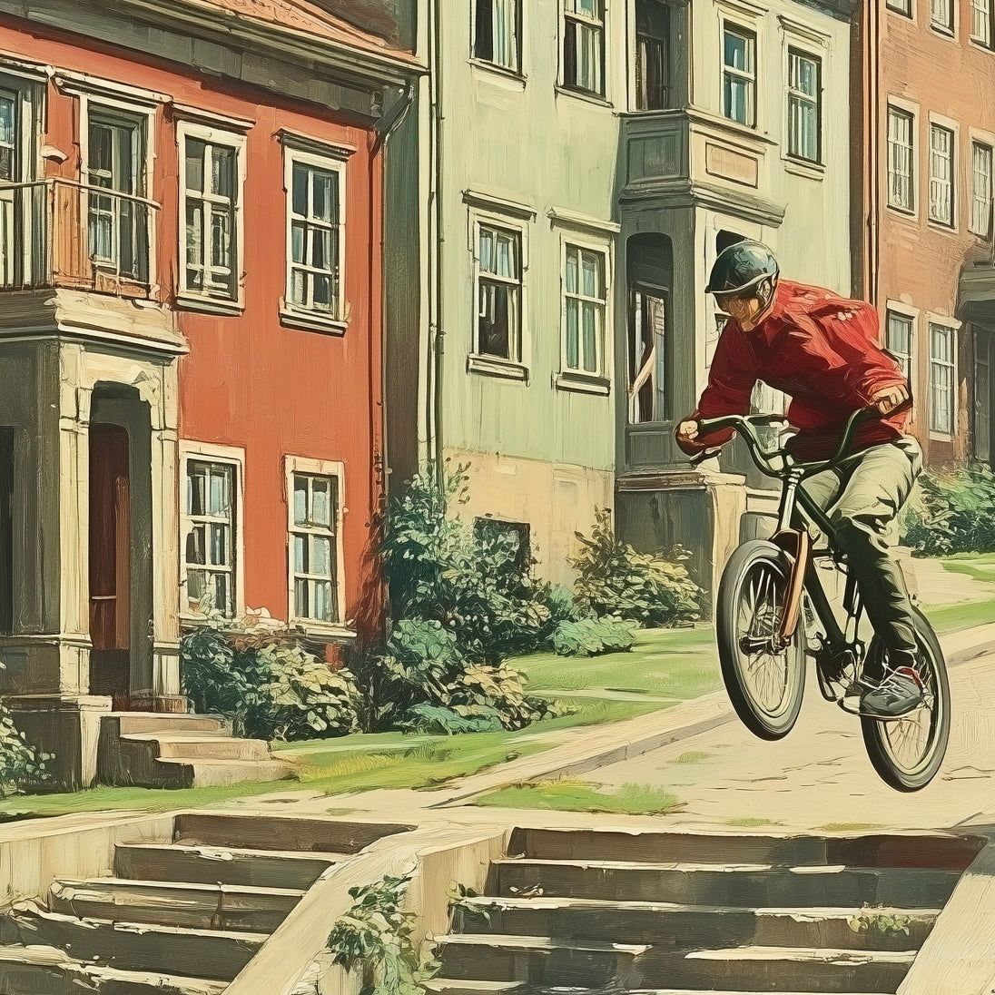 Close-up detail of A2 retro-styled artwork of a BMX rider performing a stunt.
