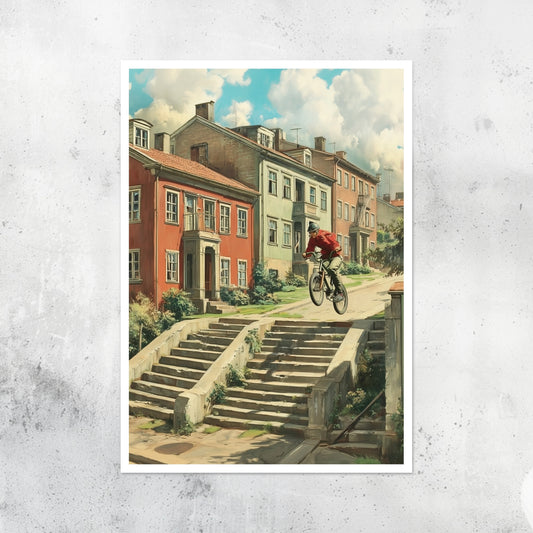 Unframed A2 retro-styled artwork of a BMX rider performing a stunt.
