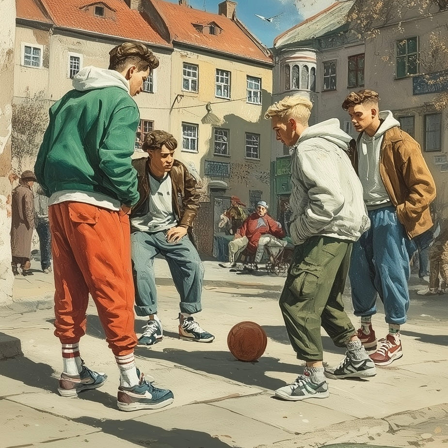 Close-up detail of A2 retro artwork of a vintage football athlete.
