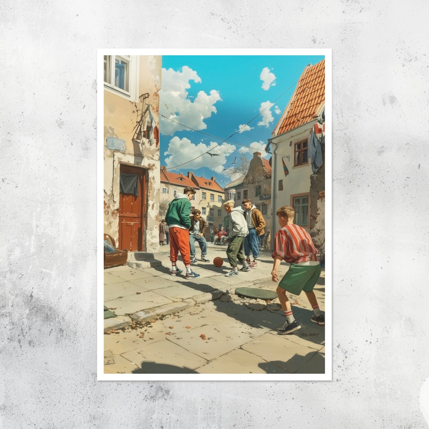 Unframed A2 retro artwork of a vintage football athlete.
