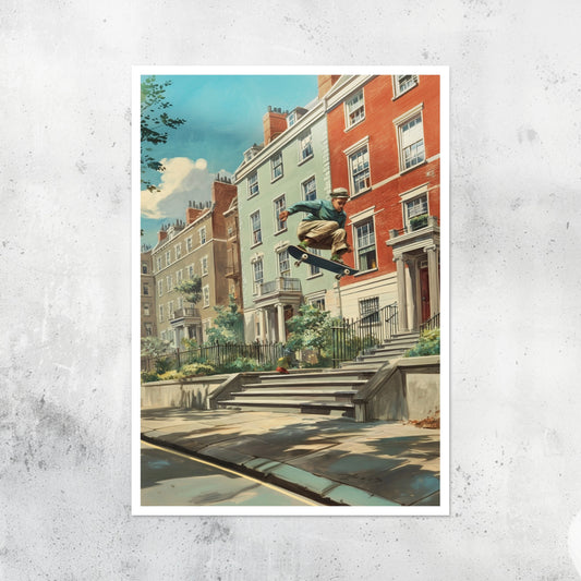 Unframed A2 retro-style artwork of a skateboarder performing a trick.
