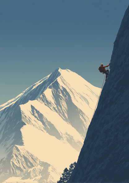 A2 abstract artwork of a mountain climber ascending a cliff face. Artwork example.
