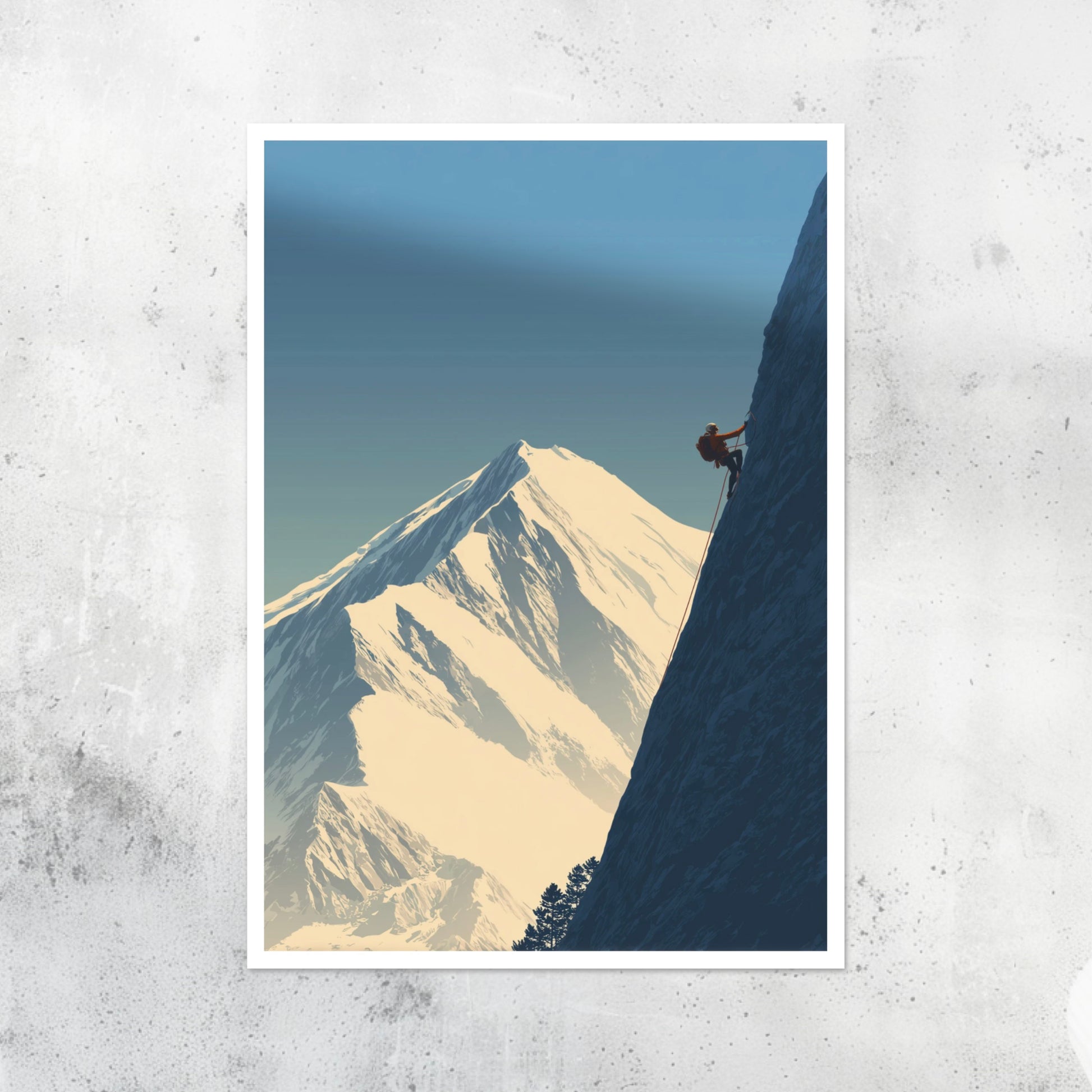 Unframed A2 abstract artwork of a mountain climber ascending a cliff face.

