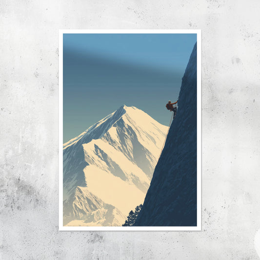 Unframed A2 abstract artwork of a mountain climber ascending a cliff face.
