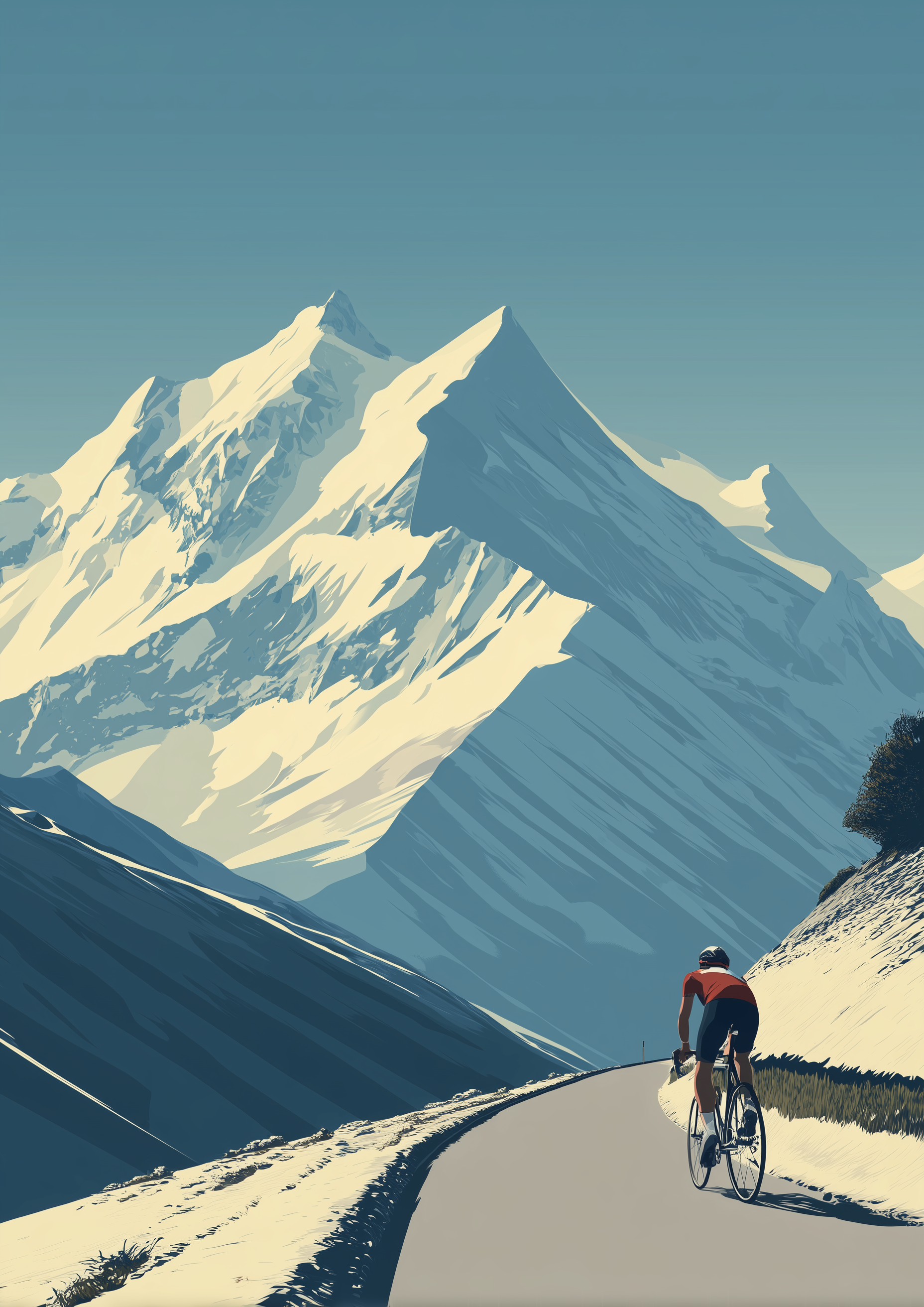 A2 wall art print of a mountain cyclist riding through dramatic peaks. Artwork example.
