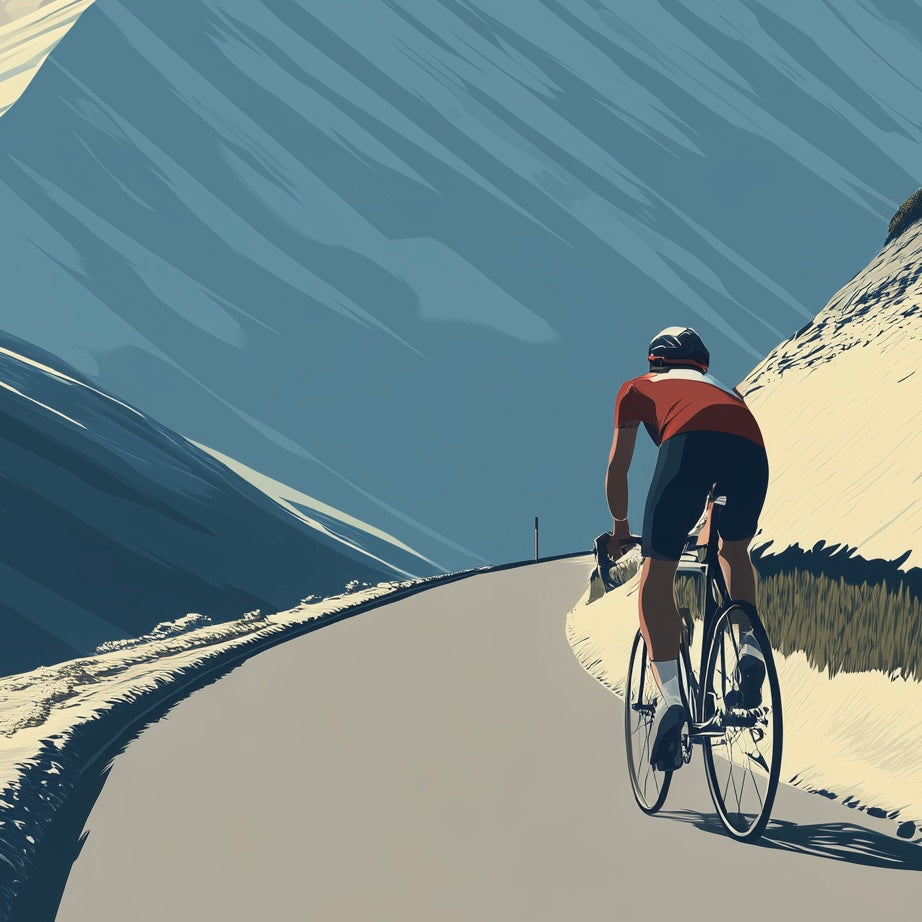 Close-up detail of A2 wall art print of a mountain cyclist riding through dramatic peaks.
