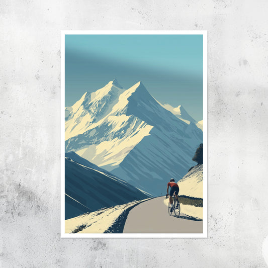 Unframed A2 wall art print of a mountain cyclist riding through dramatic peaks.
