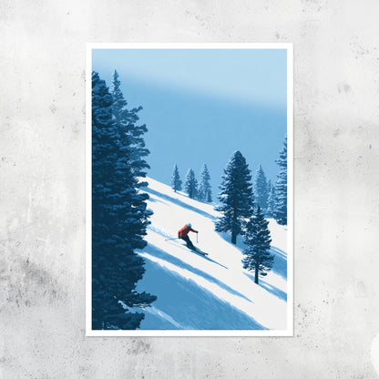 Unframed A2 abstract skiing artwork featuring a skier racing down a snowy mountain.
