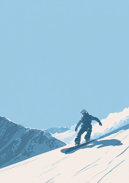 A2 abstract wall art print of a snowboarder in motion on a mountain slope. Artwork example.
