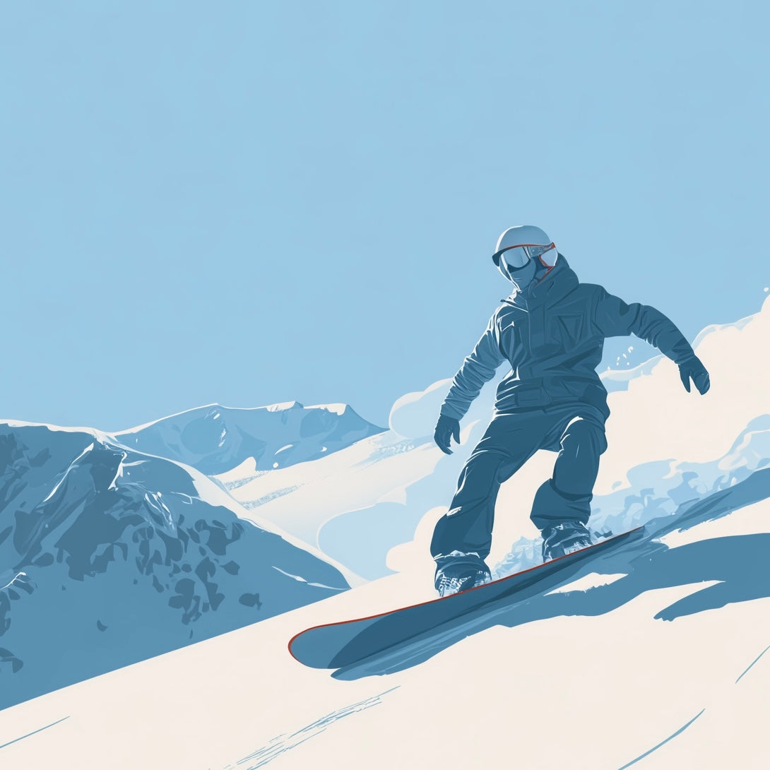 Close-up detail of A2 abstract wall art print of a snowboarder in motion on a mountain slope.
