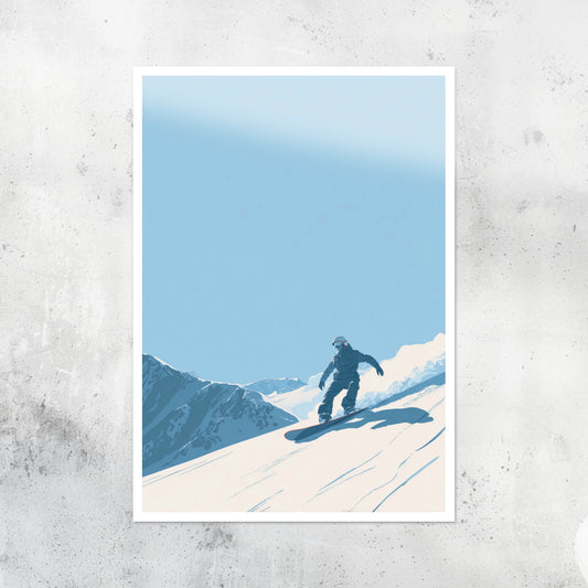 Unframed A2 abstract wall art print of a snowboarder in motion on a mountain slope.
