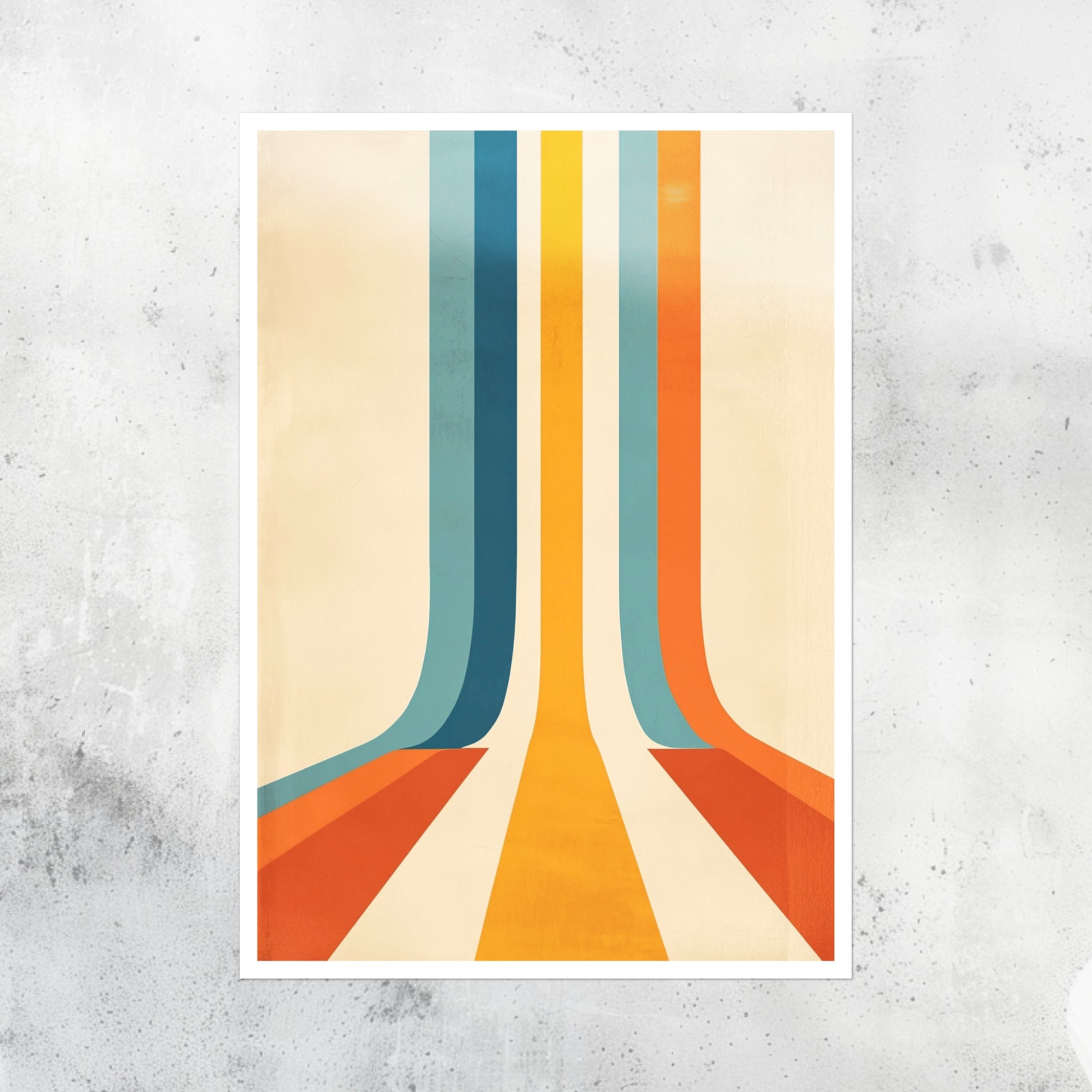 Unframed A2 abstract artwork with vertical curved stripes in modern, contrasting colors, designed to bring movement and depth to a wall.