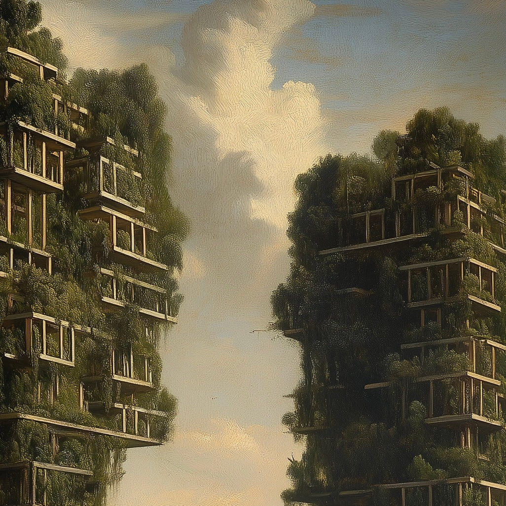 Close-up detail of A2 art print of Bosco Verticale in Milan, featuring green vertical forest architecture in classical style.