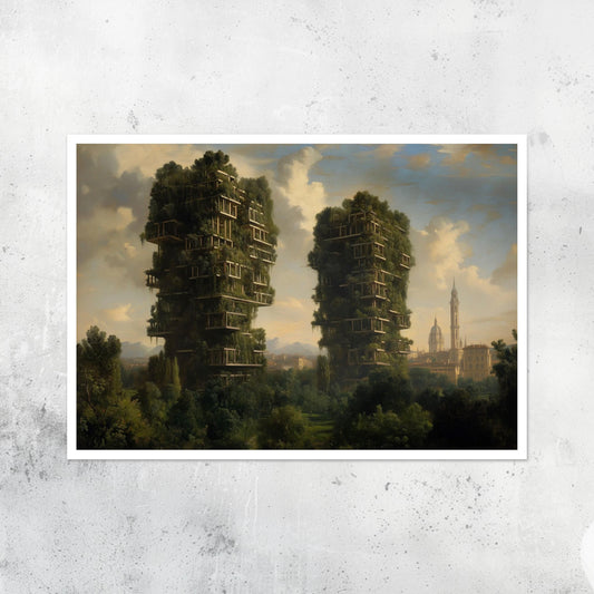 Unframed A2 art print of Bosco Verticale in Milan, featuring green vertical forest architecture in classical style.