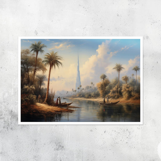 Unframed A2 art print of the Burj Khalifa reimagined in classical oil painting style, Dubai skyline wall art. 