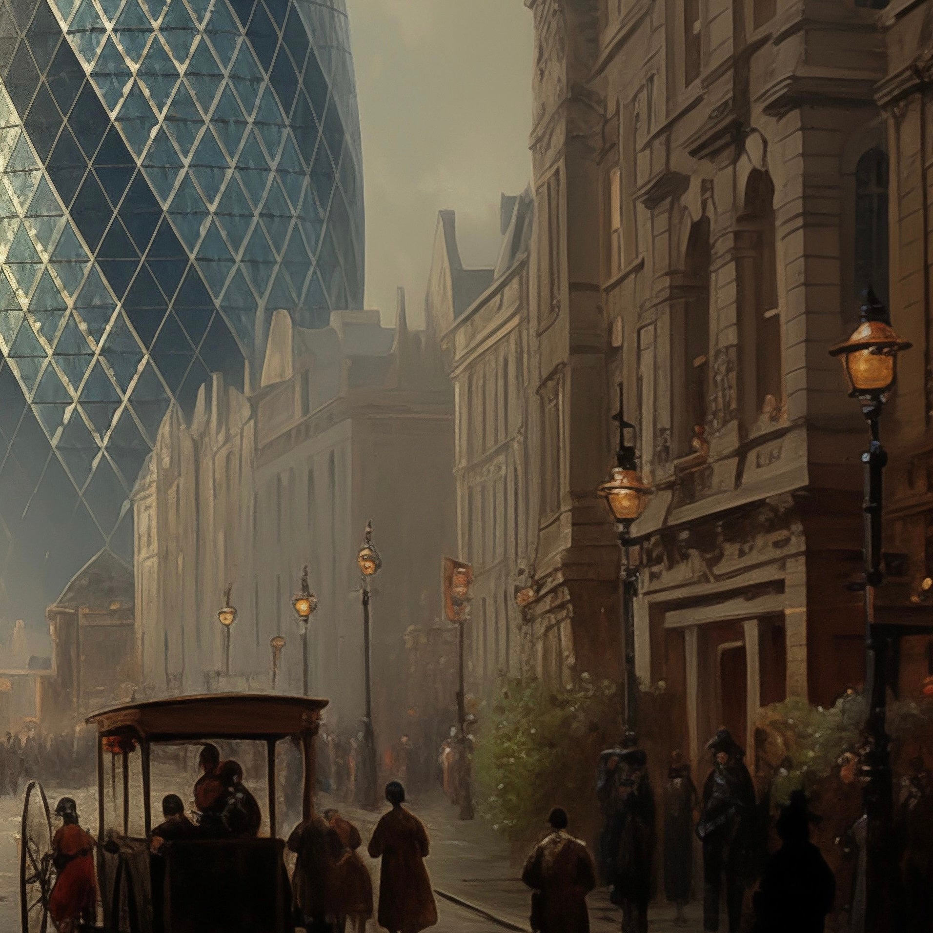 Close-up detail of A2 art print of The Gherkin in London, reimagined as a classical-style painting, landmark architecture wall art.