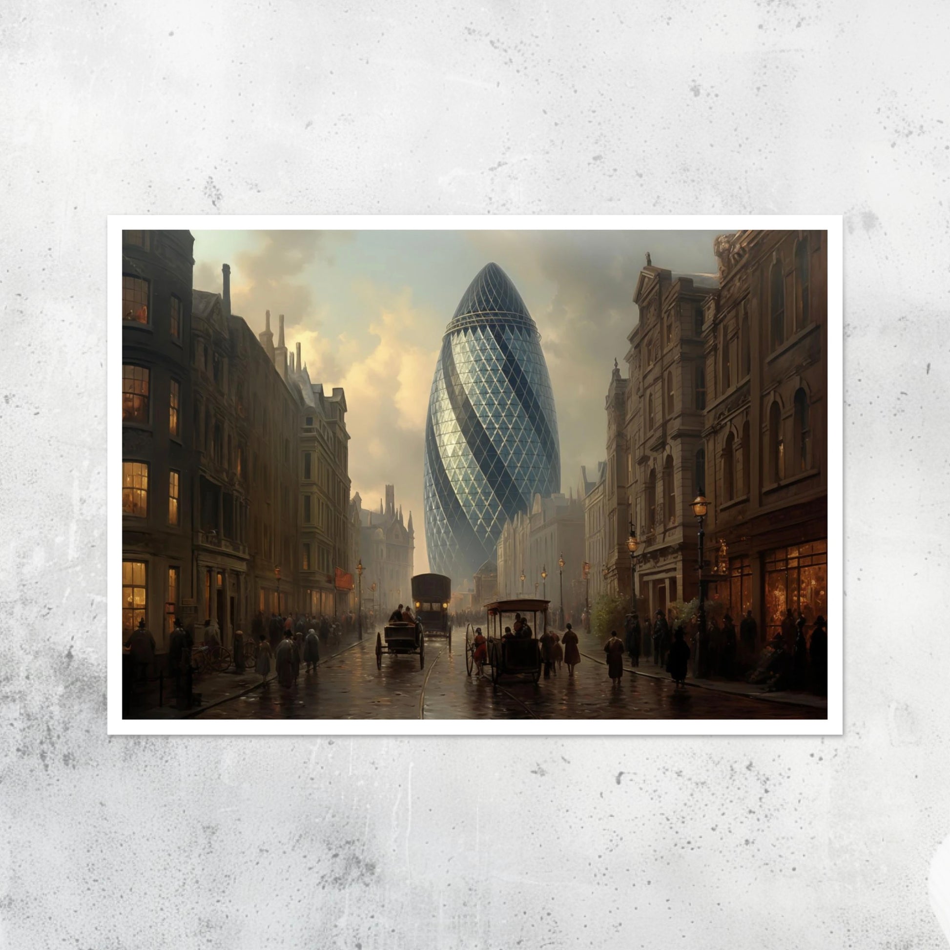 Unframed A2 art print of The Gherkin in London, reimagined as a classical-style painting, landmark architecture wall art.