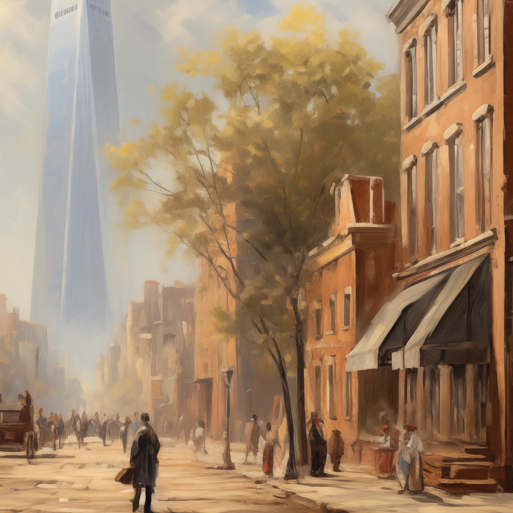 Close-up detail of A2 New York skyline art print of One World Trade Center in classical style, modern skyscraper wall art.