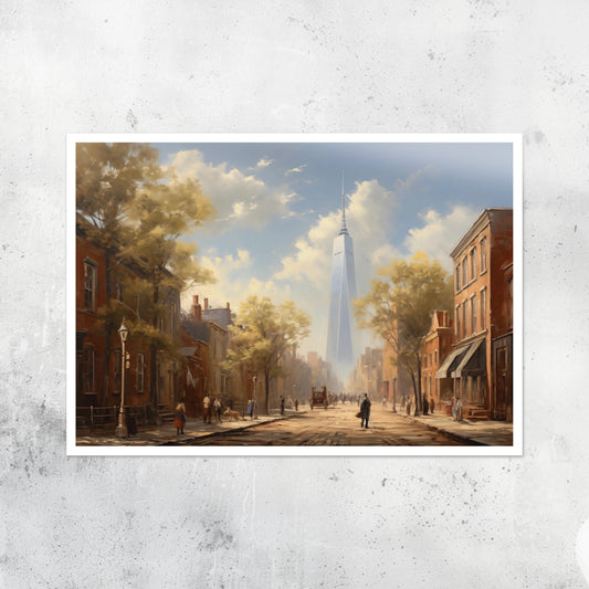 Unframed A2 New York skyline art print of One World Trade Center in classical style, modern skyscraper wall art.