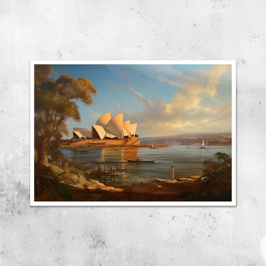 Unframed A2 art print of the Sydney Opera House, reimagined in classical oil painting style, Australian landmark wall art.