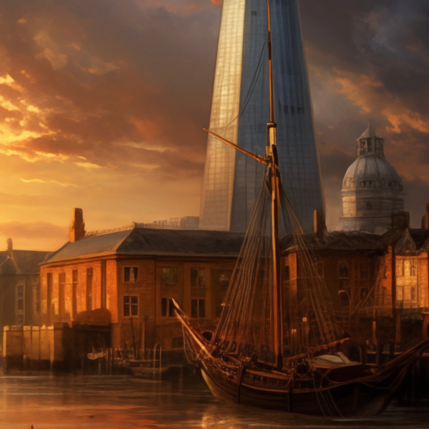 Close-up detail of A2 fine art print of The Shard in London, classical painting interpretation of iconic skyscraper.