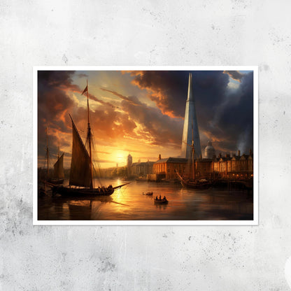 Unframed A2 fine art print of The Shard in London, classical painting interpretation of iconic skyscraper.
