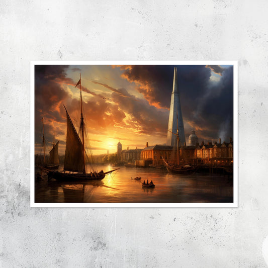 Unframed A2 fine art print of The Shard in London, classical painting interpretation of iconic skyscraper.